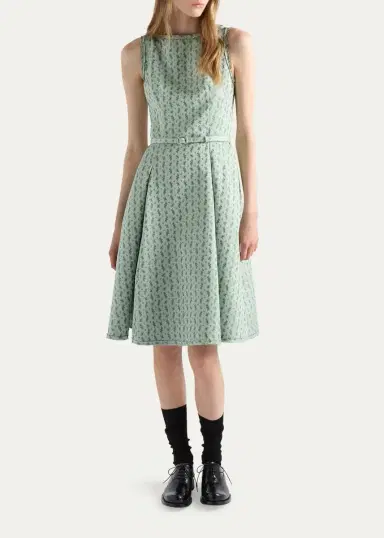 Prada Micro-Floral Cotton-Blend Belted Midi Dress | Thumbnail 2 Prada Micro-Floral Cotton-Blend Belted Midi Dress | Thumbnail 2