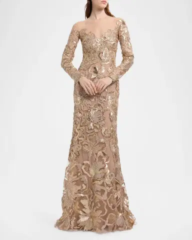 Elie Saab Long-Sleeve Metallic Raffia Embroidered Illusion Gown | Thumbnail 2 Elie Saab Long-Sleeve Metallic Raffia Embroidered Illusion Gown | Thumbnail 2