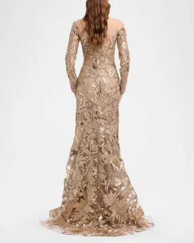 Elie Saab Long-Sleeve Metallic Raffia Embroidered Illusion Gown | Thumbnail 3 Elie Saab Long-Sleeve Metallic Raffia Embroidered Illusion Gown | Thumbnail 3