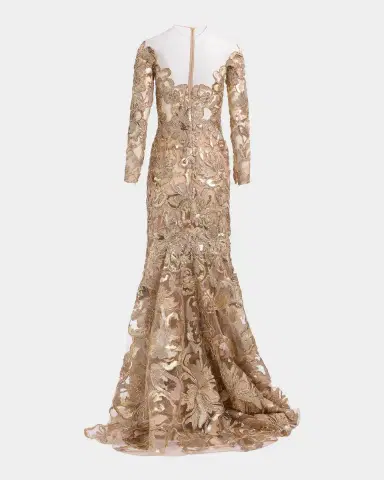 Elie Saab Long-Sleeve Metallic Raffia Embroidered Illusion Gown | Thumbnail 4 Elie Saab Long-Sleeve Metallic Raffia Embroidered Illusion Gown | Thumbnail 4