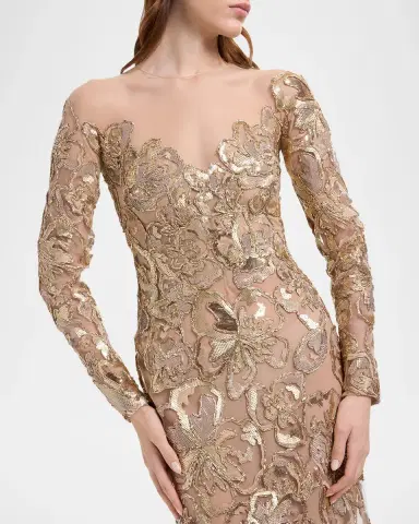 Elie Saab Long-Sleeve Metallic Raffia Embroidered Illusion Gown | Thumbnail 5 Elie Saab Long-Sleeve Metallic Raffia Embroidered Illusion Gown | Thumbnail 5