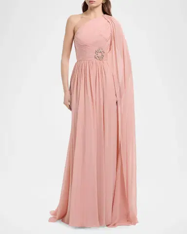 Elie Saab One-Shoulder Cape-Sleeve Chiffon Gown | Thumbnail 2 Elie Saab One-Shoulder Cape-Sleeve Chiffon Gown | Thumbnail 2