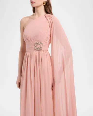 Elie Saab One-Shoulder Cape-Sleeve Chiffon Gown | Thumbnail 4 Elie Saab One-Shoulder Cape-Sleeve Chiffon Gown | Thumbnail 4