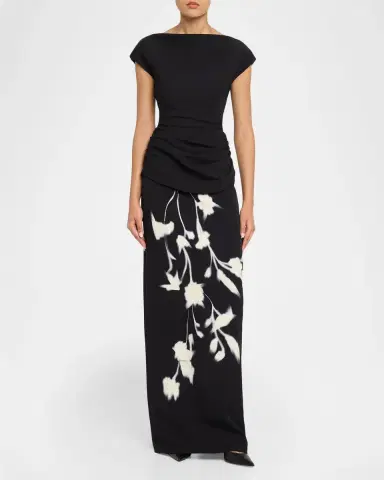 Lela Rose Floral Crepe Boat-Neck Draped Column Gown | Thumbnail 2 Lela Rose Floral Crepe Boat-Neck Draped Column Gown | Thumbnail 2