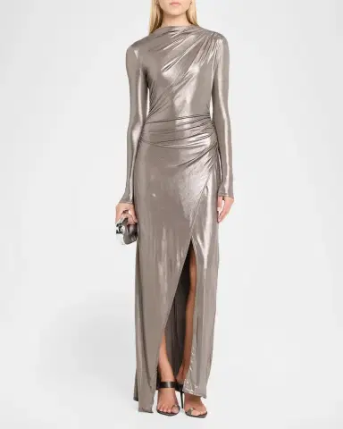 Lapointe Ruched Coated Jersey Long-Sleeve Maxi Dress | Thumbnail 2 Lapointe Ruched Coated Jersey Long-Sleeve Maxi Dress | Thumbnail 2
