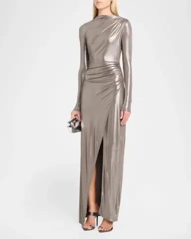 Lapointe Ruched Coated Jersey Long-Sleeve Maxi Dress | Thumbnail 4 Lapointe Ruched Coated Jersey Long-Sleeve Maxi Dress | Thumbnail 4