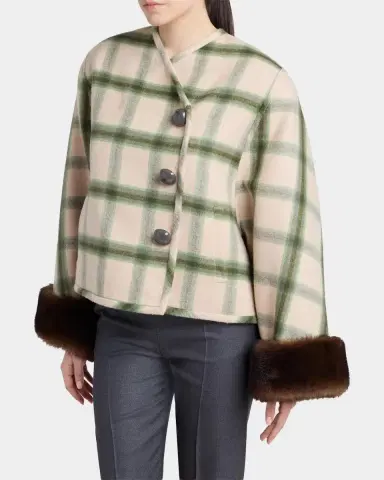 Valentino Garavani Interferenze Shearling-Cuff Plaid Jacket | Thumbnail 4 Valentino Garavani Interferenze Shearling-Cuff Plaid Jacket | Thumbnail 4