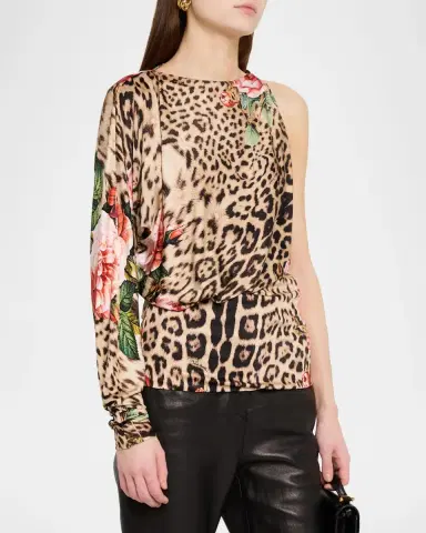 Roberto Cavalli Floral Leopard Print Jersey Asymmetric Top | Thumbnail 4 Roberto Cavalli Floral Leopard Print Jersey Asymmetric Top | Thumbnail 4