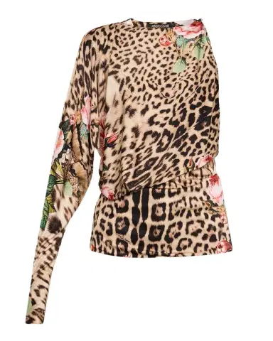 Roberto Cavalli Floral Leopard Print Jersey Asymmetric Top | Thumbnail 1 Roberto Cavalli Floral Leopard Print Jersey Asymmetric Top | Thumbnail 1
