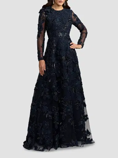Mac Duggal Women's Floral Mesh Long-Sleeve Gown | Thumbnail 2 Mac Duggal Women's Floral Mesh Long-Sleeve Gown | Thumbnail 2