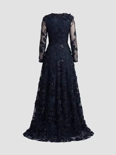 Mac Duggal Women's Floral Mesh Long-Sleeve Gown | Thumbnail 5 Mac Duggal Women's Floral Mesh Long-Sleeve Gown | Thumbnail 5