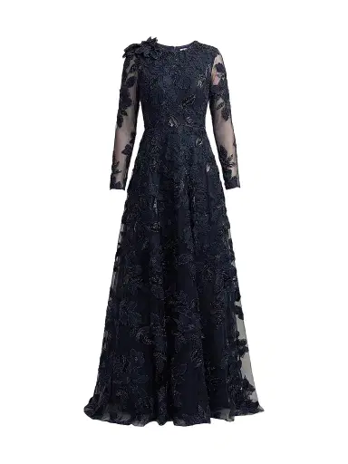 Mac Duggal Women's Floral Mesh Long-Sleeve Gown | Thumbnail 1 Mac Duggal Women's Floral Mesh Long-Sleeve Gown | Thumbnail 1