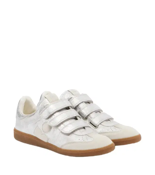 Beth suede-trimmed metallic leather sneakers Beth suede-trimmed metallic leather sneakers