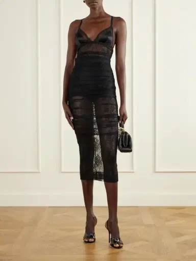 Dolce & Gabbana Gathered Satin-trimmed Chantilly Lace Midi Dress | Thumbnail 2 Dolce & Gabbana Gathered Satin-trimmed Chantilly Lace Midi Dress | Thumbnail 2