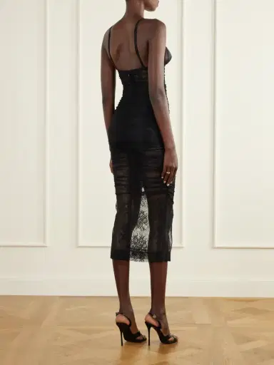 Dolce & Gabbana Gathered Satin-trimmed Chantilly Lace Midi Dress | Thumbnail 3 Dolce & Gabbana Gathered Satin-trimmed Chantilly Lace Midi Dress | Thumbnail 3
