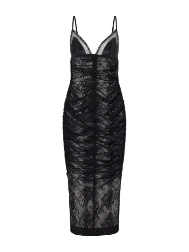 Dolce & Gabbana Gathered Satin-trimmed Chantilly Lace Midi Dress | Thumbnail 1 Dolce & Gabbana Gathered Satin-trimmed Chantilly Lace Midi Dress | Thumbnail 1