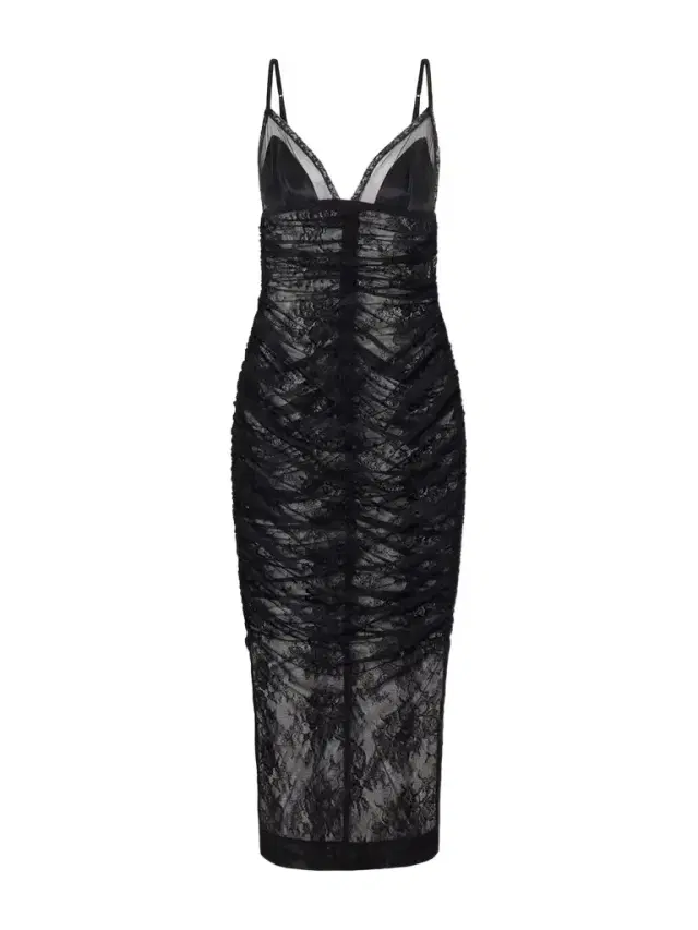 Gathered Satin-trimmed Chantilly Lace Midi Dress Gathered Satin-trimmed Chantilly Lace Midi Dress