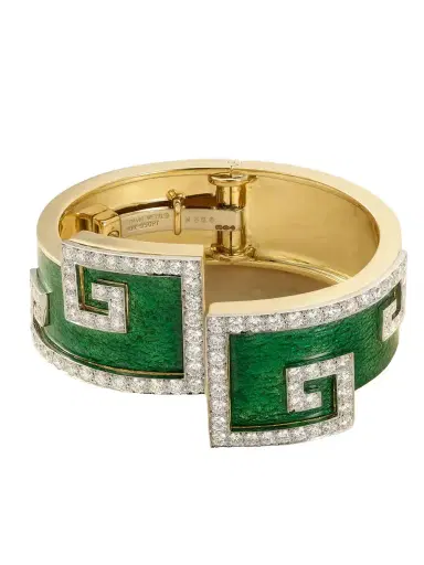DAVID WEBB Scroll 18-karat Gold And Platinum, Diamond And Enamel Bangle | Thumbnail 1 DAVID WEBB Scroll 18-karat Gold And Platinum, Diamond And Enamel Bangle | Thumbnail 1