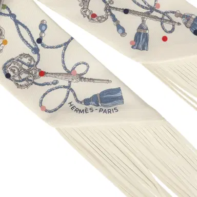 HERMÈS Hermes "Les Cles a Pois" Creme, Gris Perle, Multicolor Fringe Silk | Thumbnail 3 HERMÈS Hermes "Les Cles a Pois" Creme, Gris Perle, Multicolor Fringe Silk | Thumbnail 3