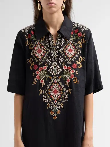 Johnny Was Women's Tamira Linen Relaxed Henley Tunic Dress | Thumbnail 5 Johnny Was Women's Tamira Linen Relaxed Henley Tunic Dress | Thumbnail 5