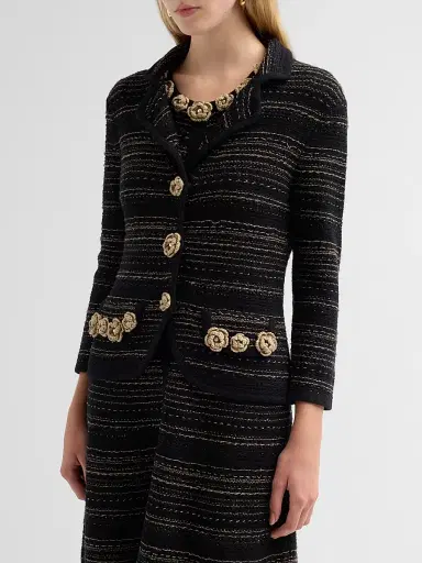 Teri Jon by Rickie Freeman Women's Striped Rosette-Appliqué Jacket | Thumbnail 4 Teri Jon by Rickie Freeman Women's Striped Rosette-Appliqué Jacket | Thumbnail 4