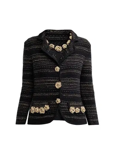 Teri Jon by Rickie Freeman Women's Striped Rosette-Appliqué Jacket | Thumbnail 1 Teri Jon by Rickie Freeman Women's Striped Rosette-Appliqué Jacket | Thumbnail 1