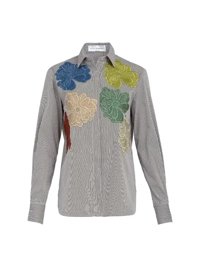 Women's Warda Floral Embroidered Striped Cotton Shirt Women's Warda Floral Embroidered Striped Cotton Shirt