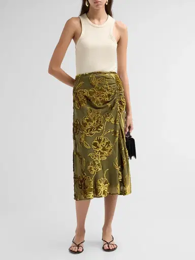 Johnny Was Women's Endora Metallic-Embroidered Ruched Silk Midi Skirt | Thumbnail 2 Johnny Was Women's Endora Metallic-Embroidered Ruched Silk Midi Skirt | Thumbnail 2