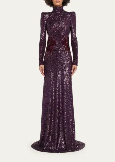 Naeem Khan High-Neck Long-Sleeve Floral Sequined Gown | Thumbnail 2 Naeem Khan High-Neck Long-Sleeve Floral Sequined Gown | Thumbnail 2