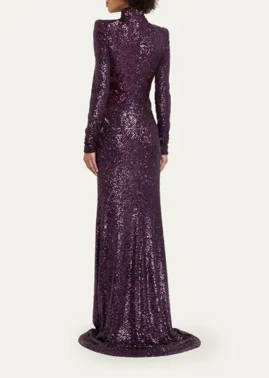 Naeem Khan High-Neck Long-Sleeve Floral Sequined Gown | Thumbnail 3 Naeem Khan High-Neck Long-Sleeve Floral Sequined Gown | Thumbnail 3