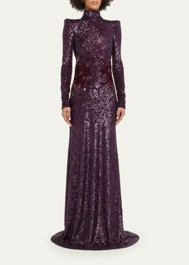 Naeem Khan High-Neck Long-Sleeve Floral Sequined Gown | Thumbnail 4 Naeem Khan High-Neck Long-Sleeve Floral Sequined Gown | Thumbnail 4