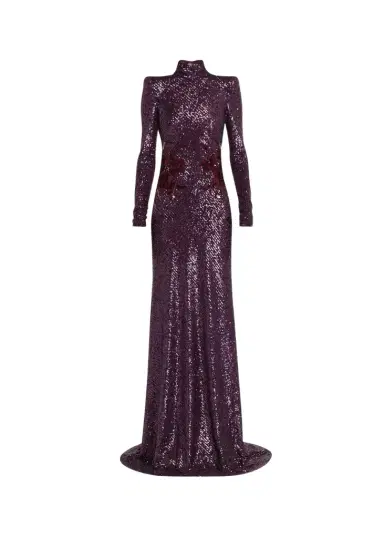 Naeem Khan High-Neck Long-Sleeve Floral Sequined Gown | Thumbnail 1 Naeem Khan High-Neck Long-Sleeve Floral Sequined Gown | Thumbnail 1