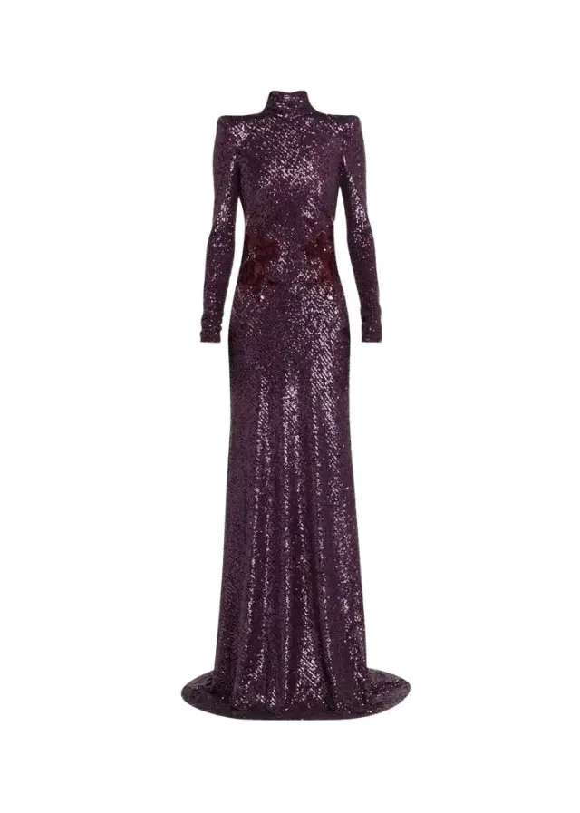 High-Neck Long-Sleeve Floral Sequined Gown High-Neck Long-Sleeve Floral Sequined Gown
