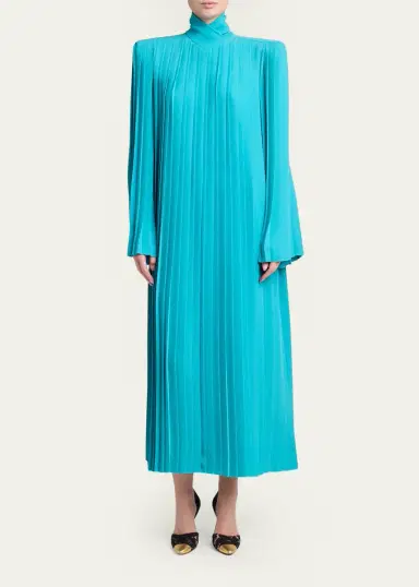 Valentino Garavani Pleated Padded-Shoulder Midi Shift Dress | Thumbnail 2 Valentino Garavani Pleated Padded-Shoulder Midi Shift Dress | Thumbnail 2