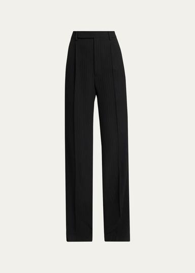 Saint Laurent Pinstriped Wool Crepe De Laine Straight-Leg Trousers | Thumbnail 1 Saint Laurent Pinstriped Wool Crepe De Laine Straight-Leg Trousers | Thumbnail 1