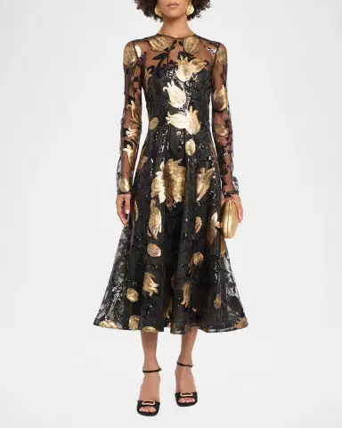 Naeem Khan Long-Sleeve Sequined Illusion Midi Dress | Thumbnail 2 Naeem Khan Long-Sleeve Sequined Illusion Midi Dress | Thumbnail 2