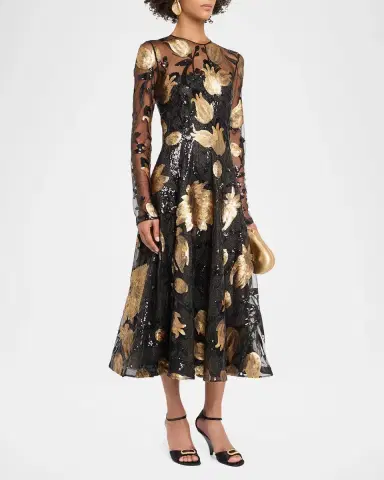 Naeem Khan Long-Sleeve Sequined Illusion Midi Dress | Thumbnail 4 Naeem Khan Long-Sleeve Sequined Illusion Midi Dress | Thumbnail 4
