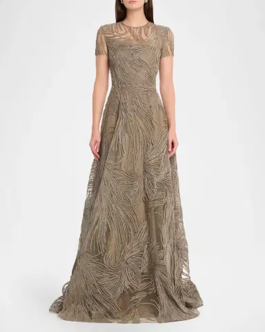 Naeem Khan Short-Sleeve Illusion-Neck Raffia Gown | Thumbnail 2 Naeem Khan Short-Sleeve Illusion-Neck Raffia Gown | Thumbnail 2