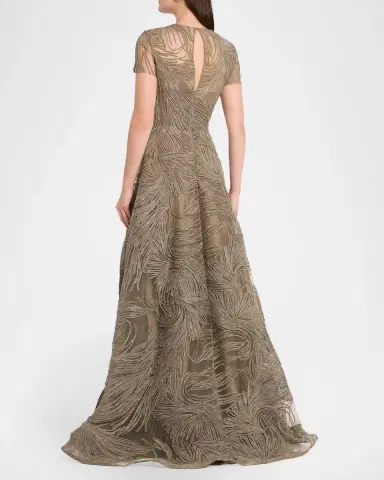 Naeem Khan Short-Sleeve Illusion-Neck Raffia Gown | Thumbnail 3 Naeem Khan Short-Sleeve Illusion-Neck Raffia Gown | Thumbnail 3