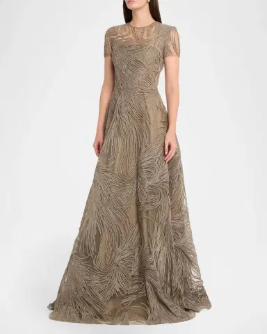 Naeem Khan Short-Sleeve Illusion-Neck Raffia Gown | Thumbnail 4 Naeem Khan Short-Sleeve Illusion-Neck Raffia Gown | Thumbnail 4