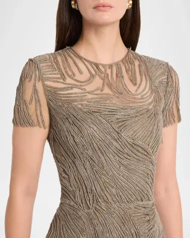 Naeem Khan Short-Sleeve Illusion-Neck Raffia Gown | Thumbnail 5 Naeem Khan Short-Sleeve Illusion-Neck Raffia Gown | Thumbnail 5