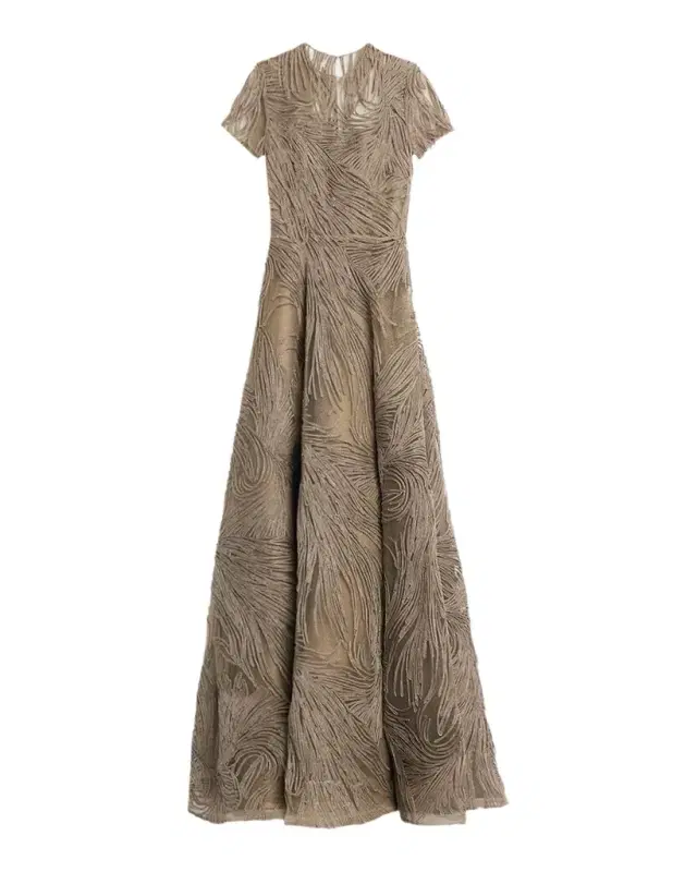 Short-Sleeve Illusion-Neck Raffia Gown Short-Sleeve Illusion-Neck Raffia Gown