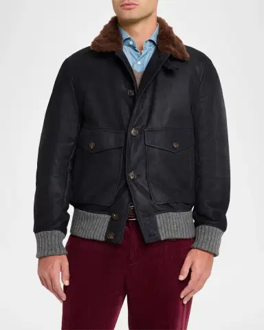 Brunello Cucinelli Men's Shearling-Collar Leather Bomber Jacket | Thumbnail 4 Brunello Cucinelli Men's Shearling-Collar Leather Bomber Jacket | Thumbnail 4