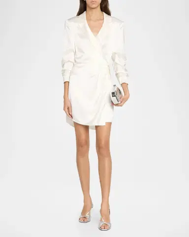 Cinq à Sept Sabina Scrunched-Sleeve Satin Mini Wrap Dress | Thumbnail 2 Cinq à Sept Sabina Scrunched-Sleeve Satin Mini Wrap Dress | Thumbnail 2