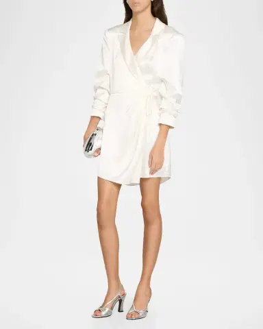 Cinq à Sept Sabina Scrunched-Sleeve Satin Mini Wrap Dress | Thumbnail 4 Cinq à Sept Sabina Scrunched-Sleeve Satin Mini Wrap Dress | Thumbnail 4
