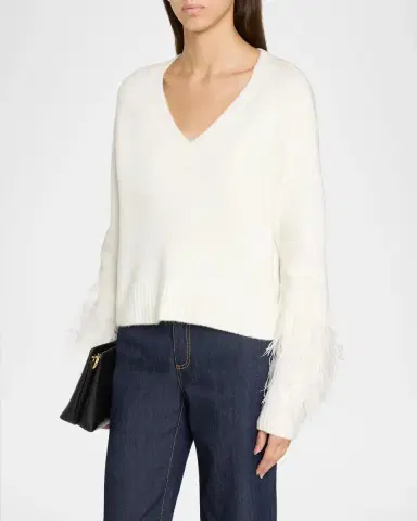 Cinq à Sept Brianne Feather-Trim V-Neck Sweater | Thumbnail 4 Cinq à Sept Brianne Feather-Trim V-Neck Sweater | Thumbnail 4
