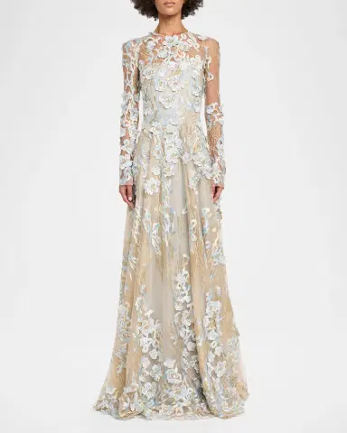 Naeem Khan Metallic Flower Lace Long-Sleeve Gown | Thumbnail 2 Naeem Khan Metallic Flower Lace Long-Sleeve Gown | Thumbnail 2