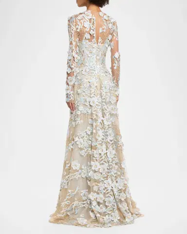 Naeem Khan Metallic Flower Lace Long-Sleeve Gown | Thumbnail 3 Naeem Khan Metallic Flower Lace Long-Sleeve Gown | Thumbnail 3