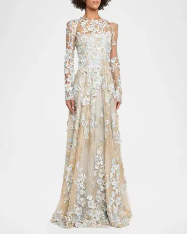 Naeem Khan Metallic Flower Lace Long-Sleeve Gown | Thumbnail 4 Naeem Khan Metallic Flower Lace Long-Sleeve Gown | Thumbnail 4