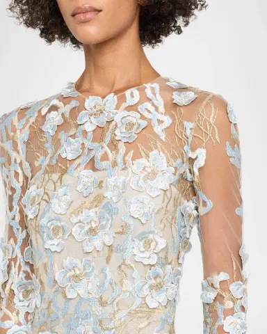 Naeem Khan Metallic Flower Lace Long-Sleeve Gown | Thumbnail 5 Naeem Khan Metallic Flower Lace Long-Sleeve Gown | Thumbnail 5